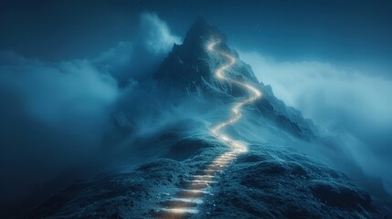 Steps of the luminous path to the top of the mountain. Rocky mountain scenery at night, misty starry sky. The concept of a strategy for success.