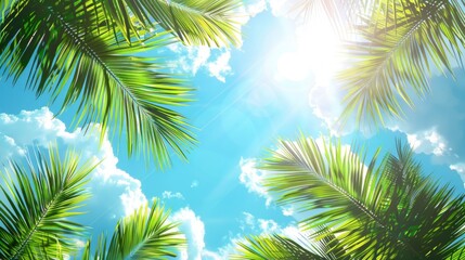 A slight glimpse of palm leaves against a sunny sky on a summer day