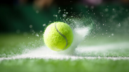A tennis ball hits the white line of a lawn tennis court kicking up white powder.