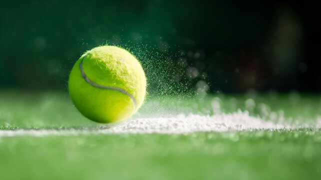 A tennis ball hits the white line of a lawn tennis court kicking up white powder.