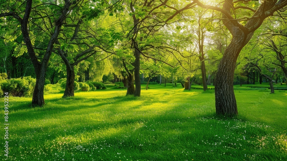 Poster background image of sunlight filtering through trees in a lush forest. soft light nature photography