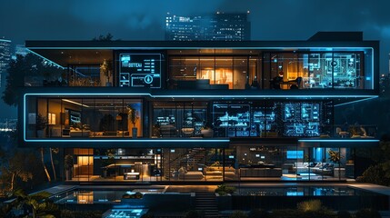 A nighttime shot of a futuristic apartment building with lit windows