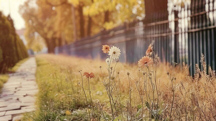Faded vintage photo of the landscape with a path and a long fence, in the foreground are several stunted flowers