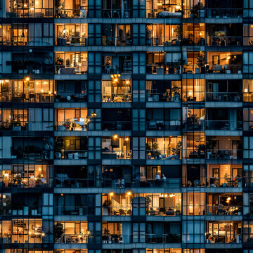 Seamless pattern of the facade of a modern high-rise building with balconies, windows and loggias at night