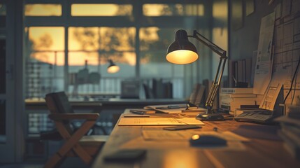 A workspace desk with a construction plan blueprint.