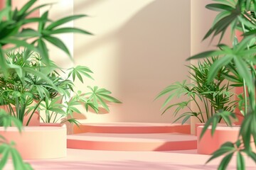 Sunlit Interior with Tropical Hemp, Cannabis Plants and Soft Pink Staircase – 3D Cartoon Illustration Ideal for Design, Poster, Print”