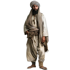 Man dressed in historical middle eastern clothing posing on a transparent background
