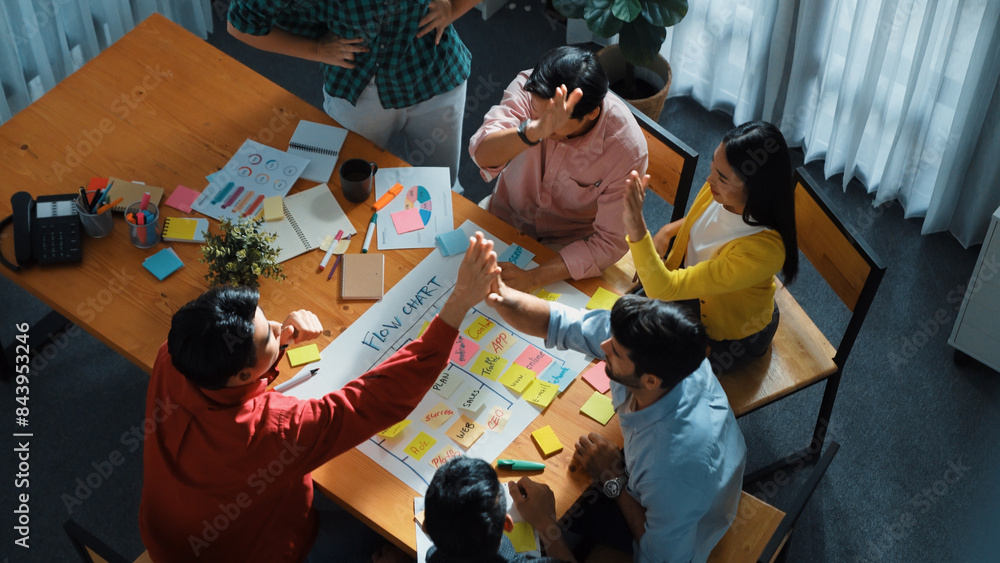 Poster top down aerial view of professional business people hands making scrum task board to manage workflo