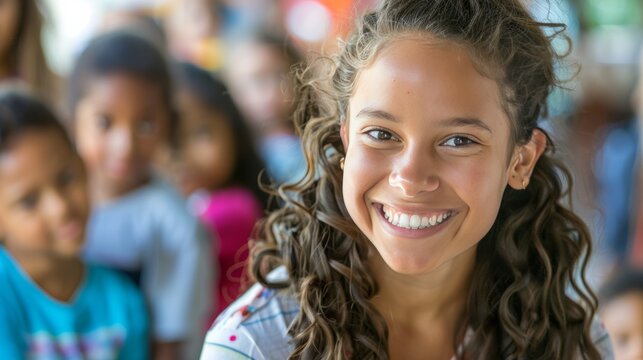 Picture of a compassionate American woman with a heartwarming smile, volunteering at a community center, helping children with their homework and looking at the camera. ,
