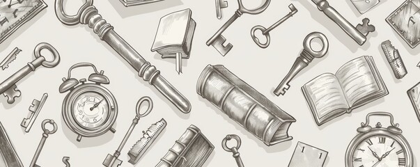 Obraz premium Antique keys and books forming a seamless pattern for mystery and knowledge