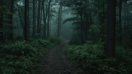 Obraz premium A dim trail in a wooded area during the summer