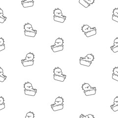 Cute kawaii baby dragon. Seamless pattern. Coloring Page. Funny little dinosaur cartoon character. Hand drawn style. Vector drawing. Design ornaments.
