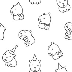 Cute cartoon kawaii capybara. Seamless pattern. Coloring Page. Animal funny characters. Hand drawn style. Vector drawing. Design ornaments.