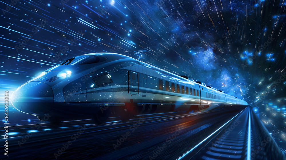 Poster high-speed train dashes through a cosmic backdrop, blending technology with the stars