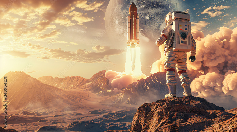 Aufkleber Astronaut observing a spaceship launch from an otherworldly rocky terrain in a surreal setting