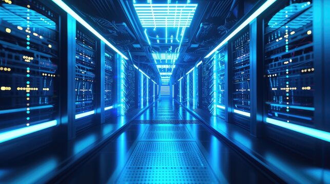 A parallel row of servers, adorned in electric blue, fills a technology-driven data center hallway with a symmetrical display of power and Azure technology. AIG41