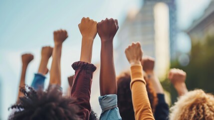 Picture of a group of activists discussing a social justice issue, their hands raised in solidarity,