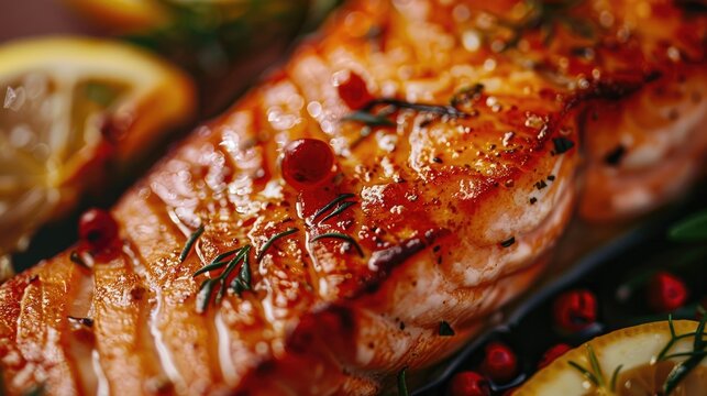 Salmon steak red fish close up