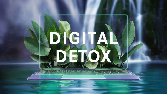 Conceptual image of a laptop screen with ,,Digital Detox ,, text, surrounded by lush green leaves and a waterfall background.Suitable for health blogs and digital detox programs