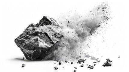 Rock stone white background fall black falling space isolated splash dust mountain cliff flying. Earth stone boulder texture rock abstract broken powder white dirt blast float burst fantasy surface.