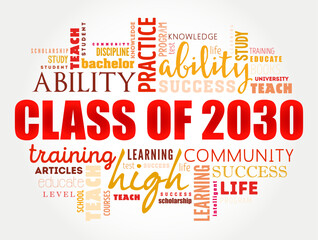 Class of 2030 - the group of students who graduated from high school or college in the year 2030, word cloud concept background