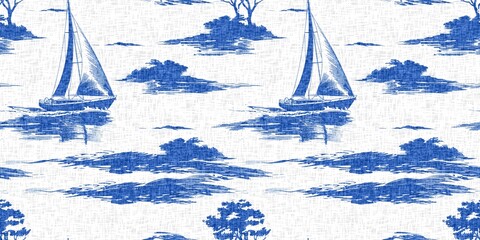 Coastal sail boat in azure ocean blue seamless border background. Modern sailing boat block print for decorative coast interior furnishing fabric for rustic linen beach cottage banner trend. 