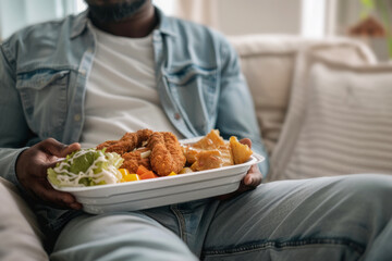 Black Man holding unhealthy food  tray with fried chicken