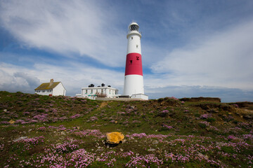 Portland Bill lighthouse wide angle blue skies 