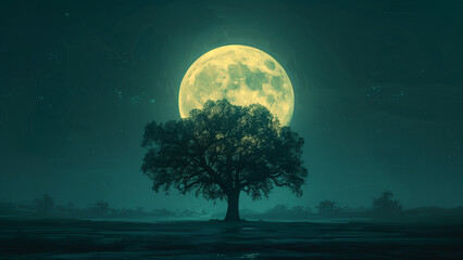 a minimalist canvas with a lone tree bathed in moonlight