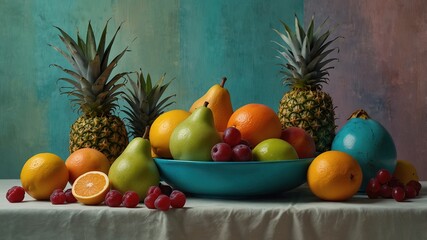 Exotic Fruits and Tropical Palm Leaves on Pastel Turquoise Background
