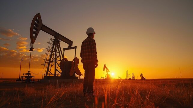 Petroleum engineer inspecting oil field machinery at sunrise
