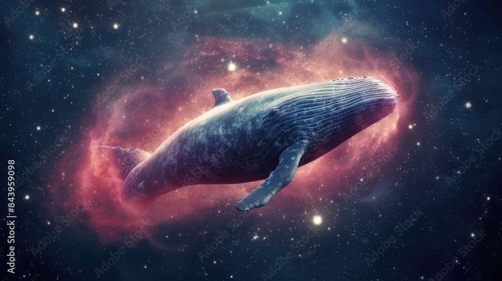 Poster surreal art design of a whale floating in space with a cosmic background and starry sky. digital art