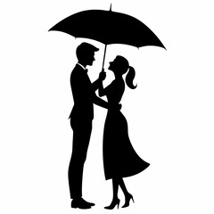 Vector silhouette of a couple holding an umbrella over their heads in a romantic moment on a white background