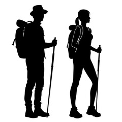 Vector silhouette of accurate, realistic people at trekking men and women on white background