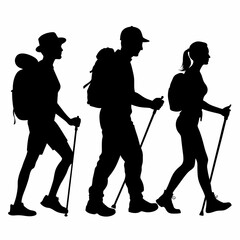 Obraz premium Vector silhouette of accurate, realistic people at trekking men and women on white background