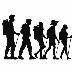 Obraz premium Vector silhouette of accurate, realistic people at trekking men and women on white background