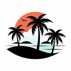 Beach with palms tree black silhouette and morning sun, vector T-Shirt Design on white background