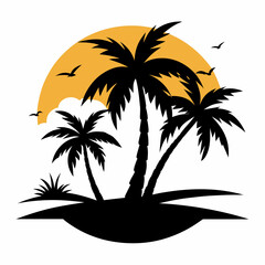 Beach with palms tree black silhouette and morning sun, vector T-Shirt Design on white background