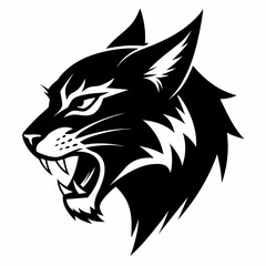 Bobcat angry head side view, vector silhouette, white background 