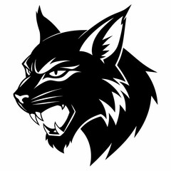 Bobcat angry head side view, vector silhouette, white background 