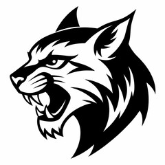 Bobcat angry head side view, vector silhouette, white background 