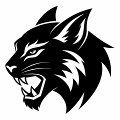 Bobcat angry head side view, vector silhouette, white background 