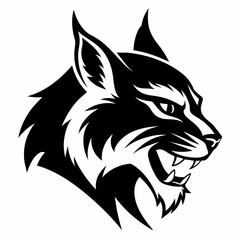 Bobcat angry head side view, vector silhouette, white background 