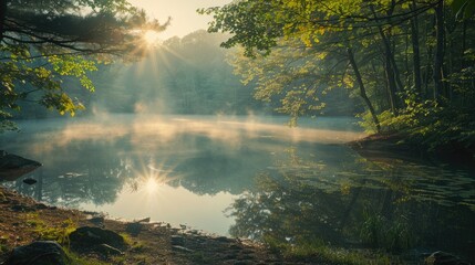 Fototapeta premium Bank of the lake steeped in the morning sunlight