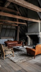 A cozy rustic living room with wooden beams, leather sofas, and a stone fireplace, creating a warm and inviting atmosphere. Rustic decor elements.