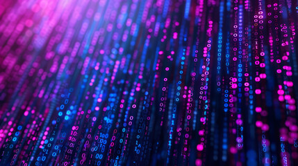 abstract digital representation of binary code in purple hues, cascading down like rain. The image evokes a sense of data flow, technology, and futuristic concepts in a digital world