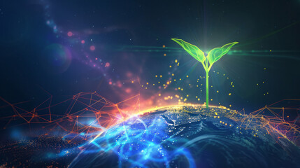 3d rendering of young green sprout emerging from a digital, interconnected globe, technological growth and environmental sustainability. dark, glowing background highlights the vibrant new life