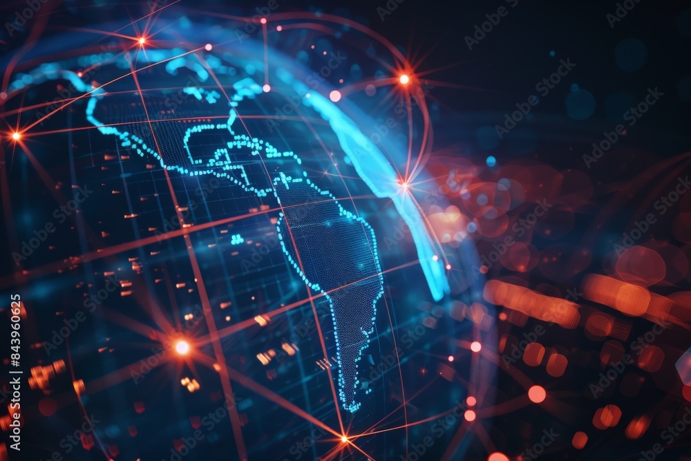 Aufkleber a futuristic digital globe with glowing lines connecting continents, representing global communicati