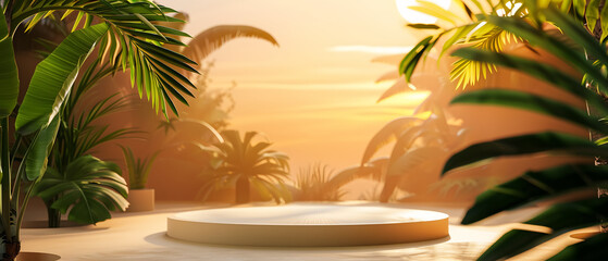 Obraz premium Circular pedestal or podium to display products with a summer focus with the jungle in the background, for advertising use
