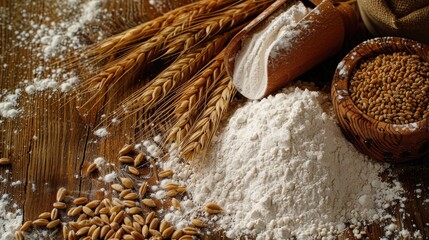 Bakery items and wheat grains accompanied by flour displayed on a wooden surface